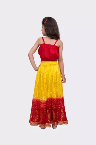 Sleeveless  placement  embroidered  top & tie dye lehenga with dupatta-red & yellow