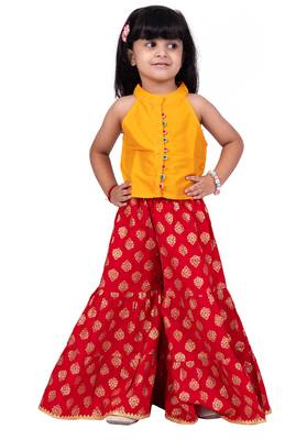 Chanderi woven sleeveless solid top & printed sharara-mustard & red 1