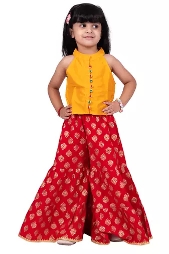 Chanderi woven sleeveless solid top & printed sharara-mustard & red