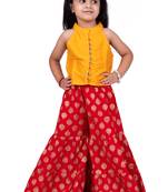Chanderi woven sleeveless solid top & printed sharara-mustard & red