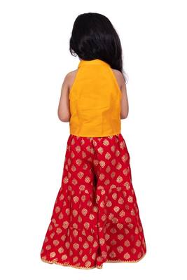 Chanderi woven sleeveless solid top & printed sharara-mustard & red 2