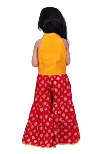 Chanderi woven sleeveless solid top & printed sharara-mustard & red