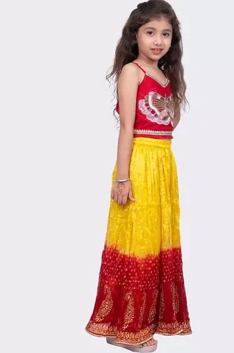 Sleeveless  placement  embroidered  top & tie dye lehenga with dupatta-red & yellow