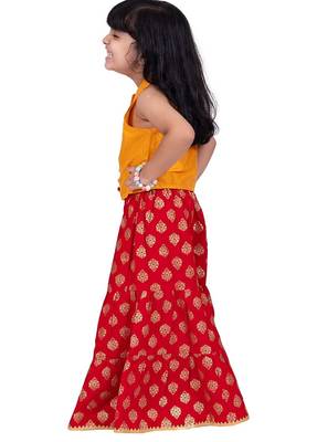 Chanderi woven sleeveless solid top & printed sharara-mustard & red 3