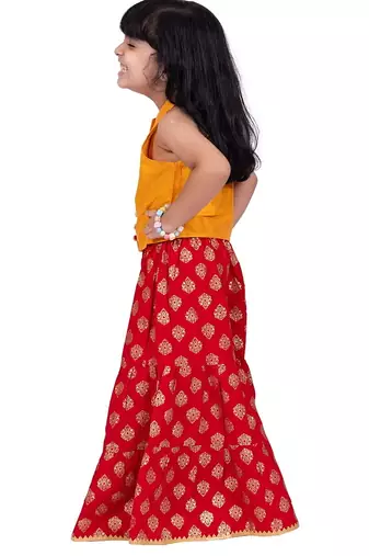 Chanderi woven sleeveless solid top & printed sharara-mustard & red