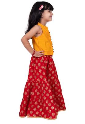 Chanderi woven sleeveless solid top & printed sharara-mustard & red 4