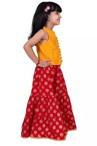 Chanderi woven sleeveless solid top & printed sharara-mustard & red