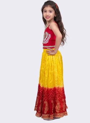 Sleeveless  placement  embroidered  top & tie dye lehenga with dupatta-red & yellow 4