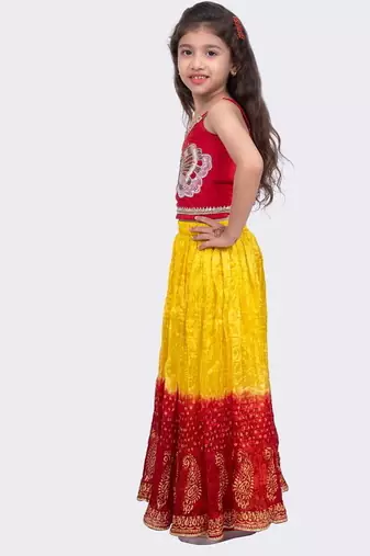 Sleeveless  placement  embroidered  top & tie dye lehenga with dupatta-red & yellow