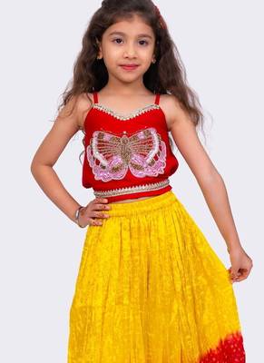 Sleeveless  placement  embroidered  top & tie dye lehenga with dupatta-red & yellow 5