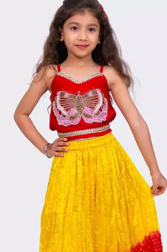 Sleeveless  placement  embroidered  top & tie dye lehenga with dupatta-red & yellow
