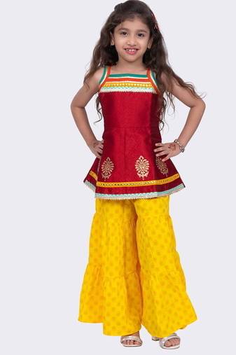 Jacquard woven  sleeveless placement print top with sharara-maroon & yellow