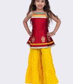 Jacquard woven  sleeveless placement print top with sharara-maroon & yellow
