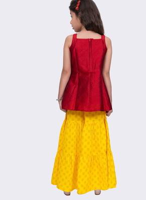 Jacquard woven  sleeveless placement print top with sharara-maroon & yellow 2