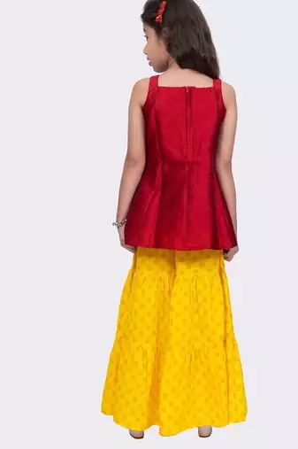 Jacquard woven  sleeveless placement print top with sharara-maroon & yellow