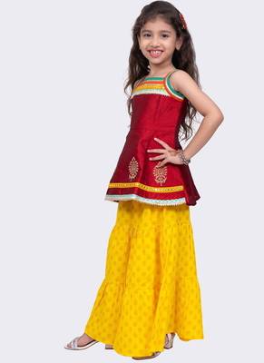 Jacquard woven  sleeveless placement print top with sharara-maroon & yellow 3