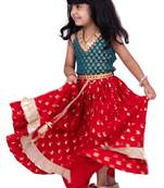 Brocade woven sleeveless embellished top with lehenga-rama green & red