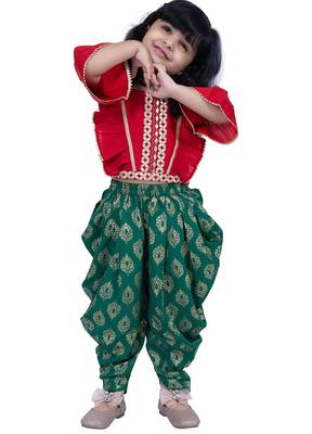 Three quarter sleeves embelliished top with printed dhoti - red & green 1