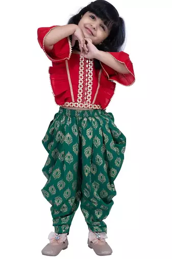 Three quarter sleeves embelliished top with printed dhoti - red & green