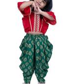 Three quarter sleeves embelliished top with printed dhoti - red & green