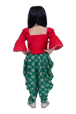 Three quarter sleeves embelliished top with printed dhoti - red & green 2