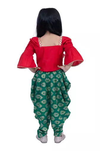 Three quarter sleeves embelliished top with printed dhoti - red & green