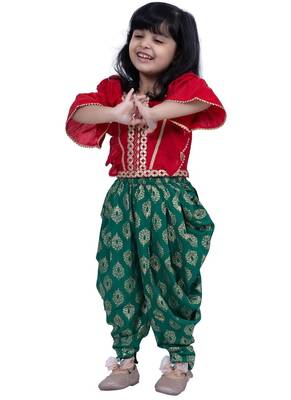 Three quarter sleeves embelliished top with printed dhoti - red & green 3