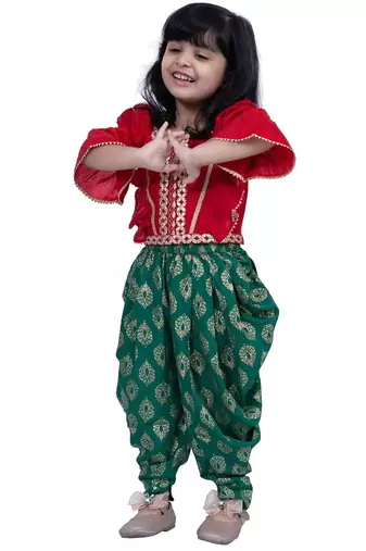 Three quarter sleeves embelliished top with printed dhoti - red & green