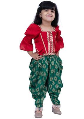 Three quarter sleeves embelliished top with printed dhoti - red & green 4