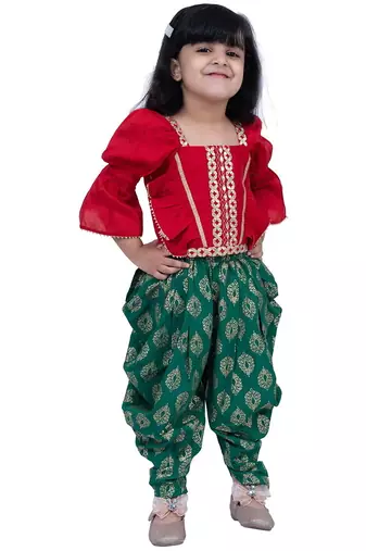 Three quarter sleeves embelliished top with printed dhoti - red & green