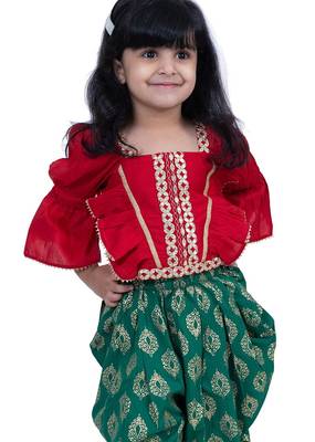Three quarter sleeves embelliished top with printed dhoti - red & green 5