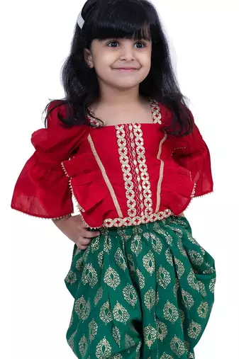 Three quarter sleeves embelliished top with printed dhoti - red & green