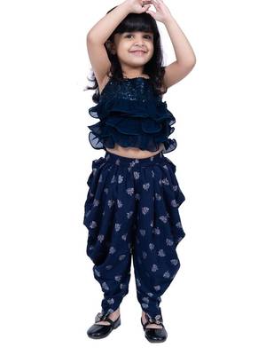 Georgette  sleeveless embelliished top with printed dhoti - navy blue 1