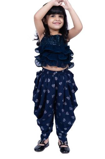 Georgette  sleeveless embelliished top with printed dhoti - navy blue