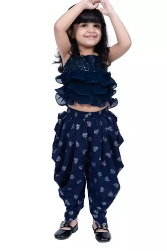 Georgette  sleeveless embelliished top with printed dhoti - navy blue