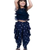 Georgette  sleeveless embelliished top with printed dhoti - navy blue