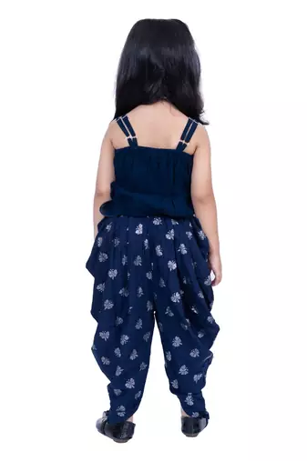 Georgette  sleeveless embelliished top with printed dhoti - navy blue