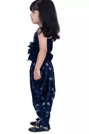 Georgette  sleeveless embelliished top with printed dhoti - navy blue