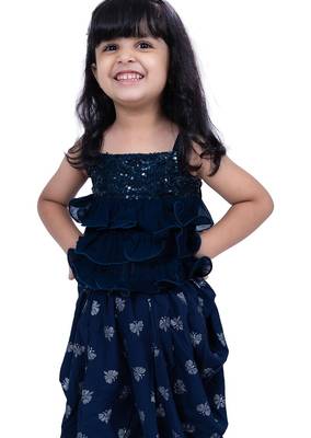 Georgette  sleeveless embelliished top with printed dhoti - navy blue 5
