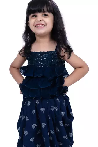 Georgette  sleeveless embelliished top with printed dhoti - navy blue