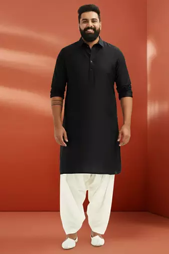 men's black viscose kurta with white patiala - elegant festive set