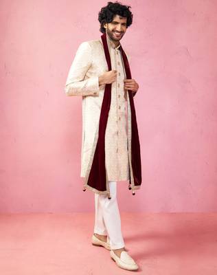 beige silk sherwani set with pyjama & velvet dupatta - royal wedding wear 1