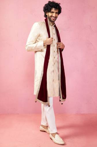 men's beige silk sherwani set with pyjama & velvet dupatta - royal wedding wear