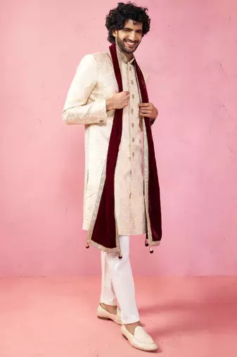 men's beige silk sherwani set with pyjama & velvet dupatta - royal wedding wear