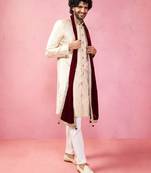 beige silk sherwani set with pyjama & velvet dupatta - royal wedding wear