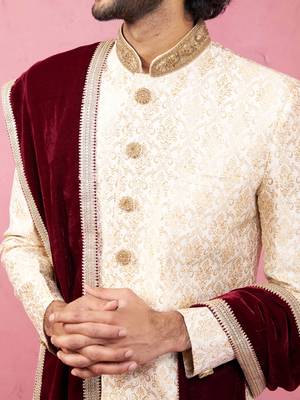beige silk sherwani set with pyjama & velvet dupatta - royal wedding wear 2