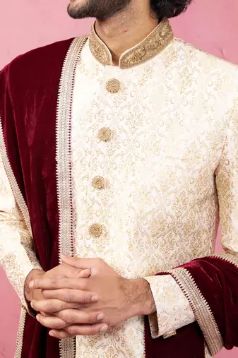 beige silk sherwani set with pyjama & velvet dupatta - royal wedding wear