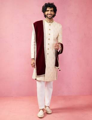 beige silk sherwani set with pyjama & velvet dupatta - royal wedding wear 3