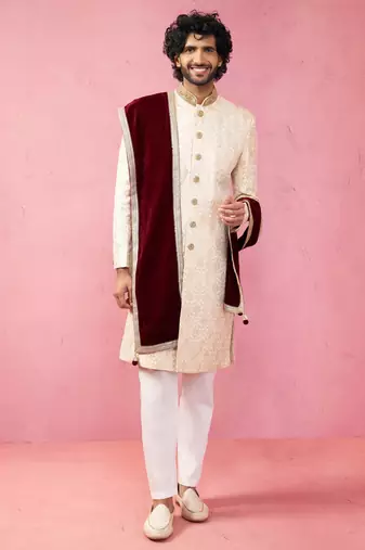 beige silk sherwani set with pyjama & velvet dupatta - royal wedding wear