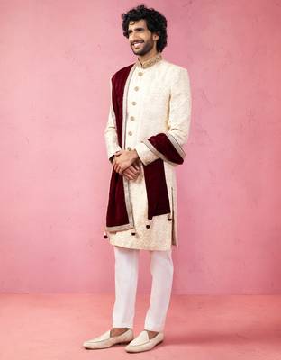 beige silk sherwani set with pyjama & velvet dupatta - royal wedding wear 4